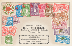 710570 Reclameprentbriefkaart van Postzegelhandel H.C. Correljé, Nobelstraat 7 te Utrecht. Met afbeeldingen van ...